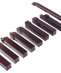 One Inch Shank Nine Piece Indexable Turning And Boring Set With Uncoated Sharp Edge Carbide Inserts For Aluminum And Non-Ferrous Metals Includes Eight One By One Holders For Precision Machining arranged on a white background.