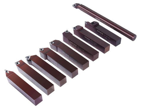 One Inch Shank Nine Piece Indexable Turning And Boring Set With Uncoated Sharp Edge Carbide Inserts For Aluminum And Non-Ferrous Metals Includes Eight One By One Holders For Precision Machining arranged on a white background.