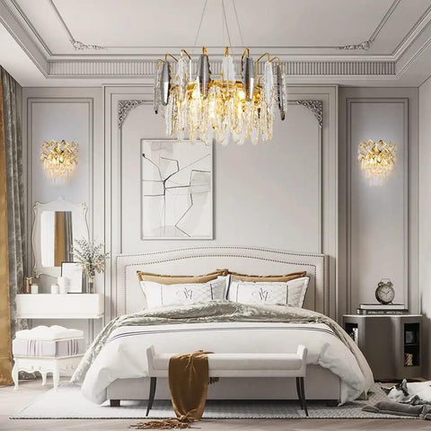 Luxury Gold Wall Sconce With Crystal K9 Accent For Living Room Bedroom Bathroom Hallway Modern Gold Wall Light Fixture With Stainless Steel Frame And Clear Gray Crystals Lit Ambient Vibe