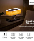 Masdio Bedside Lamp With Bluetooth Speaker And Wireless Charger Sleep Mode Stepless Dimming Table Desk Lamp on wooden surface
