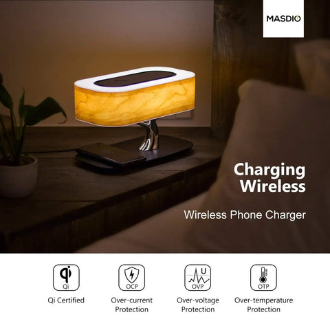 Masdio Bedside Lamp With Bluetooth Speaker And Wireless Charger Sleep Mode Stepless Dimming Table Desk Lamp on wooden surface