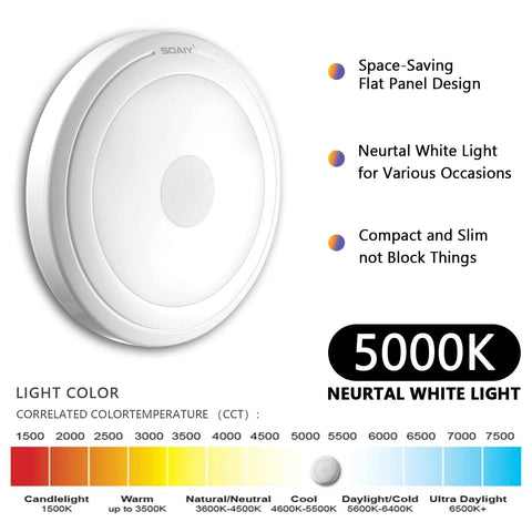 Three Pack Touch Activated LED Night Lights Battery Powered No Wires Needed 5000K Cool White 36 Lumen Per Lamp Uses 3 AAA Batteries Not Included For Closet Cabinet Bedroom Kitchen Stairs Wall Magnetic Mount showing space-saving design and 5000K light temperature chart.