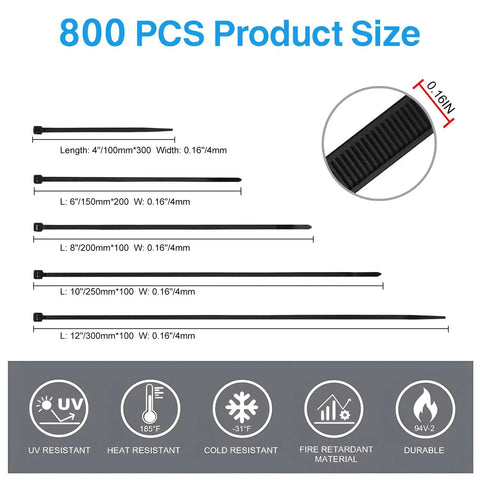 Heavy Duty Zip Ties Kit 800 Pack Assorted Sizes 4, 6, 8, 10, 12 Inch Nylon Cable Ties 50 Lbs Tensile Strength Black Durable