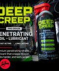 Deep Creep Penetrating Lubricant And Rust Remover Spray 12 Ounce can on a workbench, focus on label and red nozzle