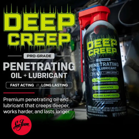 Deep Creep Penetrating Lubricant And Rust Remover Spray 12 Ounce can on a workbench, focus on label and red nozzle