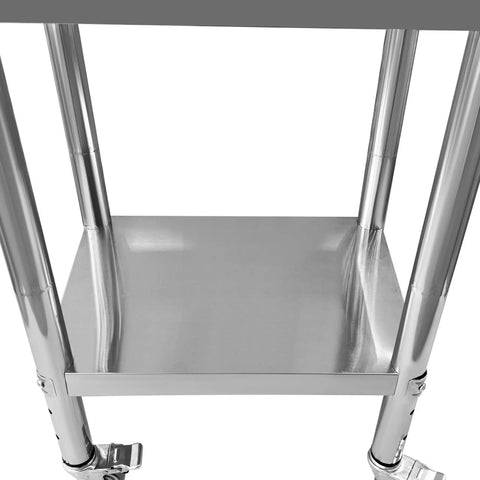 Close-up side view of stainless steel mobile work table with four wheels, 24 by 18 by 34 inches, adjustable two tier heavy duty prep station.