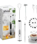 Rechargeable Milk Frother With Three Speed Electric Handheld Coffee Mixer, Includes Two Whisks And Decoration Tool, Stand Up Design For Latte, Cappuccino, Cream And Hot Milk, USB Charging, White shown with box, accessories, and coffee cup