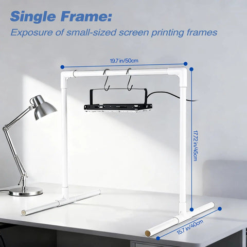 Single frame setup with Two Pack 50W LED UV Light For Screen Printing With Dual Stands, Exposure Unit Kit, dimensions shown