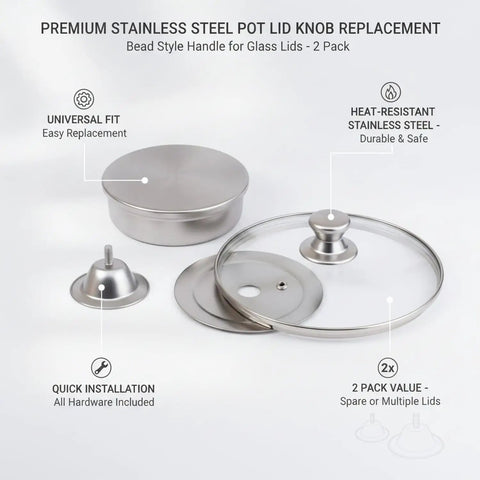 Replacement Bead Style Stainless Steel Pot Lid Knobs For Glass Cookware Repair Kit, 2 pack with hardware