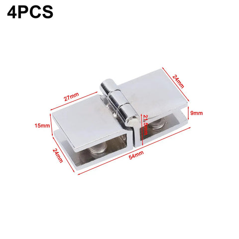 Top Notch Shower Glass Door Hinges 4 Piece Set 180 Degree Double Sided Clamp shown with detailed dimensions for 5mm to 8mm glass.