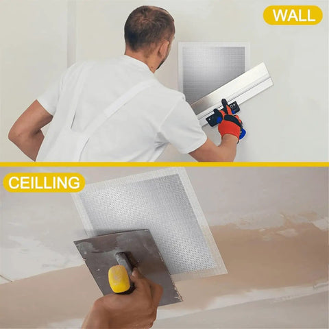 Man applying 4 Pack 12-Inch By 12-Inch Drywall Repair Patches With Scraper Self-Adhesive Wall Patch Kit for wall and ceiling repairs.