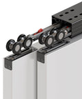 Close-up of 96-Inch Bypass Sliding Closet Door Hardware Track Kit, heavy duty aluminum, for soft close barn doors up to 150 lbs.