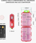 7 Day Pill Organizer With Color Coded Labels Travel Pill Case For Daily Meds Compact Lightweight Storage Fits Purse Or Backpack Pink With 161 Labels Kit, shown with size dimensions compared to a credit card and coin.