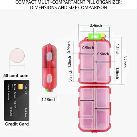 7 Day Pill Organizer With Color Coded Labels Travel Pill Case For Daily Meds Compact Lightweight Storage Fits Purse Or Backpack Pink With 161 Labels Kit, shown with size dimensions compared to a credit card and coin.