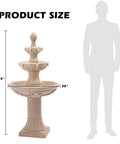 Three Tier Outdoor Water Fountain For Garden And Patio Freestanding 48 Inch Tall Water Feature With Pump Zen Vibes Calming Backyard Waterfall Sounds Beige Finish Great Yard Decor For Outdoor Or Indoor Display, showing fountain size comparison with person silhouette