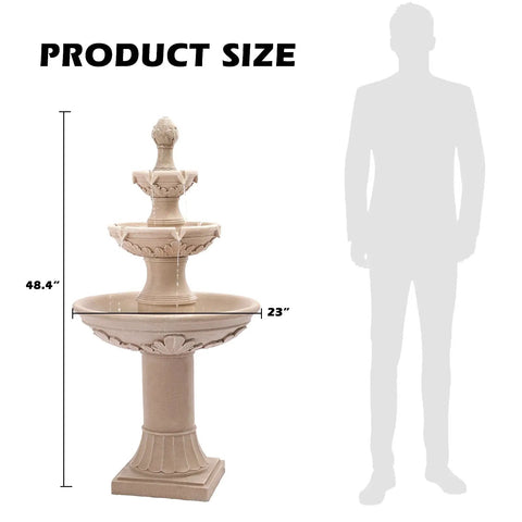 Three Tier Outdoor Water Fountain For Garden And Patio Freestanding 48 Inch Tall Water Feature With Pump Zen Vibes Calming Backyard Waterfall Sounds Beige Finish Great Yard Decor For Outdoor Or Indoor Display, showing fountain size comparison with person silhouette