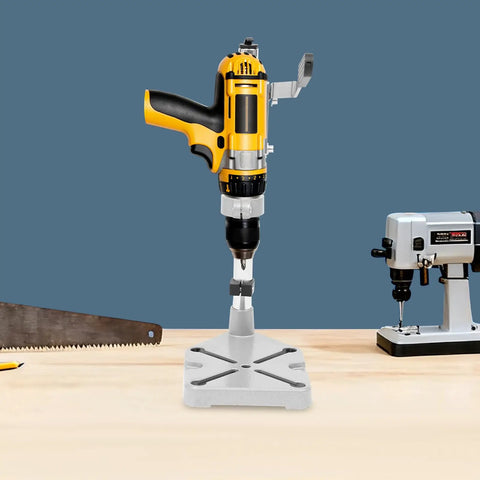 Jzswyst Heavy Duty Aluminum Drill Press Stand With 90 Degree Rotating Adjustable Bench Clamp For Hand Drill on workbench