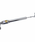 Chrome Steering Stabilizer For Straight Axle Hot Rods Fits Hairpin And Four Bar Front Suspensions Reduces Vibration And Steering Wobble Includes Seven Eighths Inch Clamp Kit For Quick Install And Smoother Handling, featuring a shiny metal finish and adjustable clamps.
