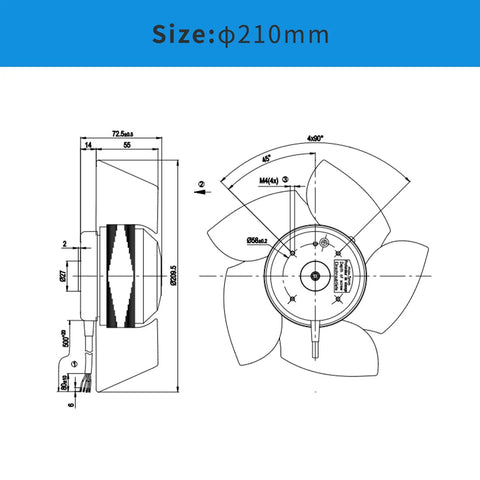 Technical drawing of Beefy Axial Fan For Spindle And Servo Motors 400/480VAC 0.26A Five Blade Sheet Steel Black Finish