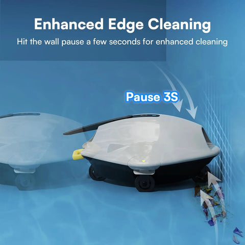 Cordless Robotic Pool Cleaner For Above Ground Pools With 40W Suction, demonstrating edge cleaning with pause feature