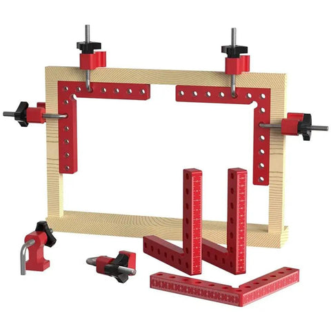 Heavy Duty Woodworking Precision Square L Shaped Jig For Fast Splicing And Panel Alignment with clamps and measurement markings.
