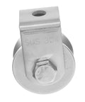 Stainless Steel Fixed Pulley Bearing For Sliding Doors And Gates, heavy duty wall mounted pulley system with smooth grooves, front view.