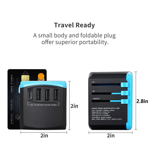 Universal USB Travel Power Adapter With Quad USB Ports And Type C For Worldwide Charging All In One International Wall Charger dimensions