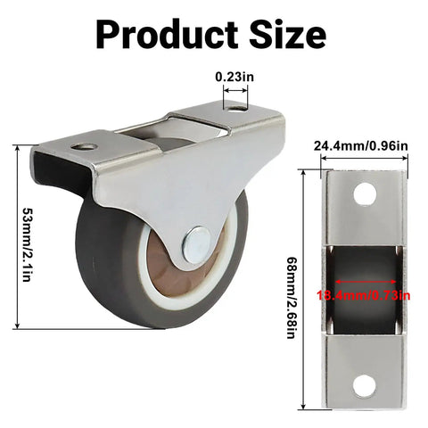 Four Pack 2 Inch Fixed Caster Wheels With Low Profile Design For Furniture Non Swivel For Precise Straight Line Rolling Ideal For Drawers Sliding Doors And Trundle Beds Quiet Operation And Floor Protecting Performance, side view with measurements.