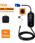 Road Warrior Portable EV Charger 7Kw 32A Electric Vehicle Charging Station with 5m cable and type1 plug showcased on a black background.