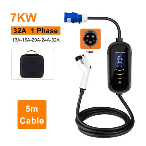 Road Warrior Portable EV Charger 7Kw 32A Electric Vehicle Charging Station with 5m cable and type1 plug showcased on a black background.