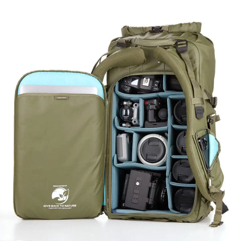 Open view of Action X70 HD Backpack For Go To Outdoor Photography And Video Gear showing camera compartments in Army Green.