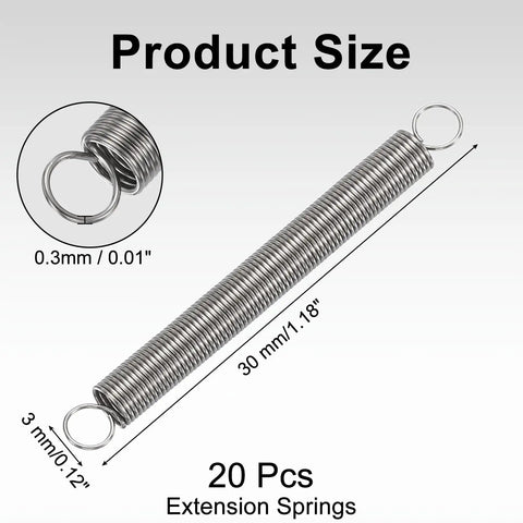 20 Piece Tiny Extension Springs In 304 Stainless Steel For Heavy Duty Repairs, showing 30mm length and 0.3mm diameter.