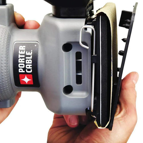 Close-up of side view of Palm Sander 1 Quarter Sheet 380 With 2.0 Amp Motor showing grip and sanding pad attachment.