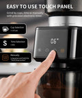 Conical Burr Espresso Coffee Grinder Electric With Precision Timer 2.0 touchscreen showing grind settings and controls.