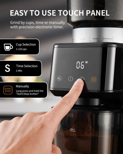 Conical Burr Espresso Coffee Grinder Electric With Precision Timer 2.0 touchscreen showing grind settings and controls.