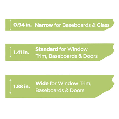 Size options of Rugged Painter's Tape For Rough Surfaces 1 Inch By 60 Yard Green 4 Pack with usage details for baseboards and doors.