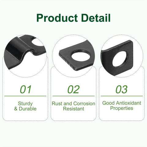 Close-up of 100 Pack U Shaped Pipe Clamps 3mm Diameter 2 Hole Strap Brackets, black galvanized steel, durable and rust-resistant.