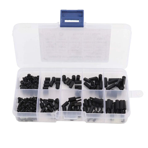 Nylon Hex Spacer Standoff Kit 180 Piece Black Standoffs Screws Nuts Set For Circuit Boards And Machinery Assembly Durable Nylon With Precise Threads Easy To Clean In Humid Environments, open organizer case with black nylon spacers