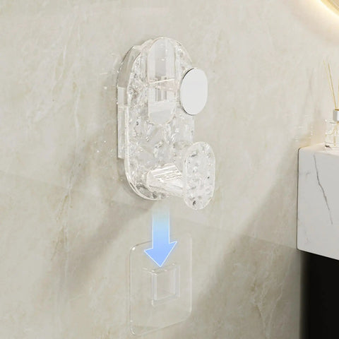 Grippy Wall Mount Hook With Heavy Duty Adhesive Strip No Stress Drilling Required mounted on tile for hanging kitchen gear.