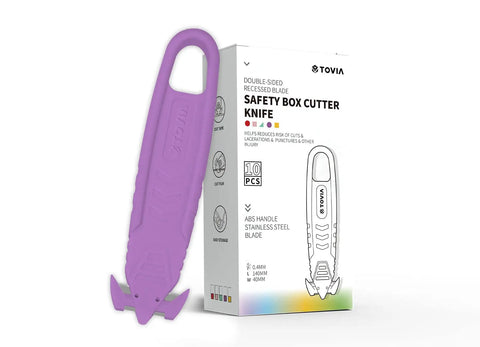 Safe Recessed Blade Box Cutter Knife 10 Pack Purple With Double Sided Blade For Easy Cuts And Reduced Risk Of Lacerations No Sweat For Opening Boxes Packages And Cartons, purple handle and box