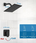 Shower Faucet Set With Rainfall Head And No Fuss Handle Valve Modern Wall Mount 8 Inch Matte Black Shower System on white tile wall