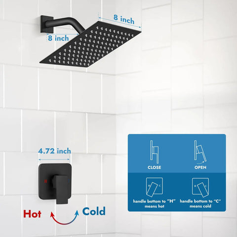 Shower Faucet Set With Rainfall Head And No Fuss Handle Valve Modern Wall Mount 8 Inch Matte Black Shower System on white tile wall