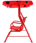 Side view of Porch Swing For Two Children With Adjustable Canopy And Safety Belts For All Weather Outdoor Patio Hammock Bench In Red Ladybug Pattern