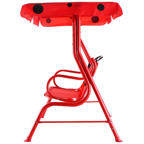 Side view of Porch Swing For Two Children With Adjustable Canopy And Safety Belts For All Weather Outdoor Patio Hammock Bench In Red Ladybug Pattern