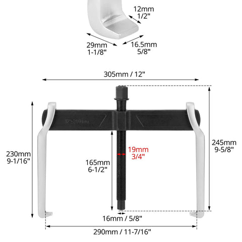 Heavy Duty 12 Inch 2 Jaw Gear Puller with Adjustable Clamping Depth and Steel Construction Displaying Dimensions