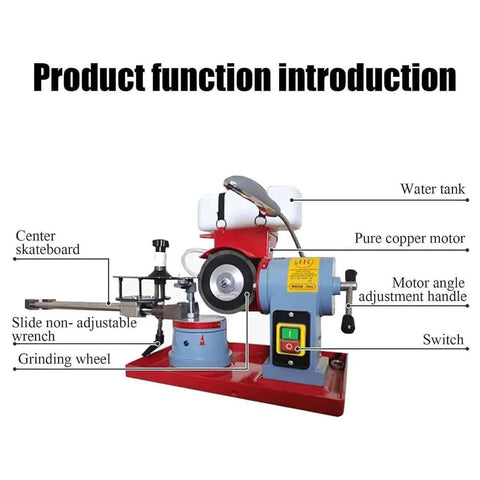 Built Tough Heavy Duty Electric Circular Saw Blade Sharpener With Water Cooling showing features like motor, water tank, and grinding wheel.