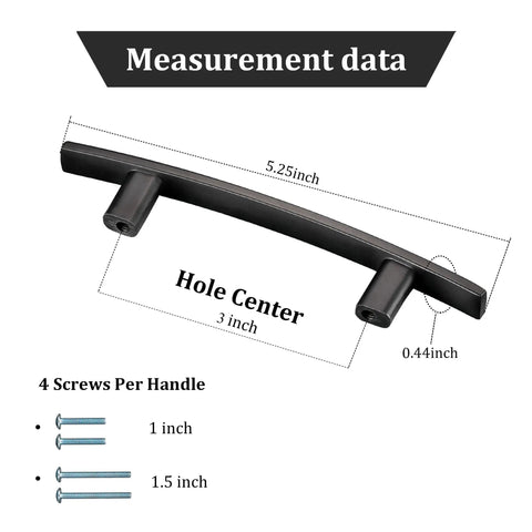 30 Pack Oil Rubbed Bronze Solid Cabinet Handles 5.25 Inch 133mm Bar Pulls measurement data with 3 Inch Hole Centers
