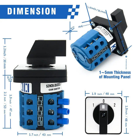 Beefy Rotary Changeover Switch 20A 2 Way 3NO 3NC 660V with dimensions and flame retardant housing