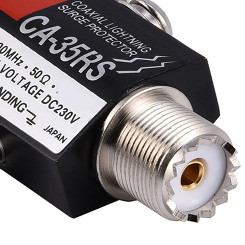 Close-up of UHF Coaxial Lightning Arrester with Male to Female Connector CA 35RS for Coax Systems 0 to 2500 MHz gas-charged design.