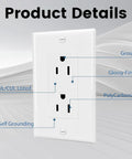 Close-up of Fifty Pack White Tamper Resistant Power Outlets With Matching Wall Plates Safe Shutters No Hassle Setup Pro Grade Components Built Tough showing safety features.